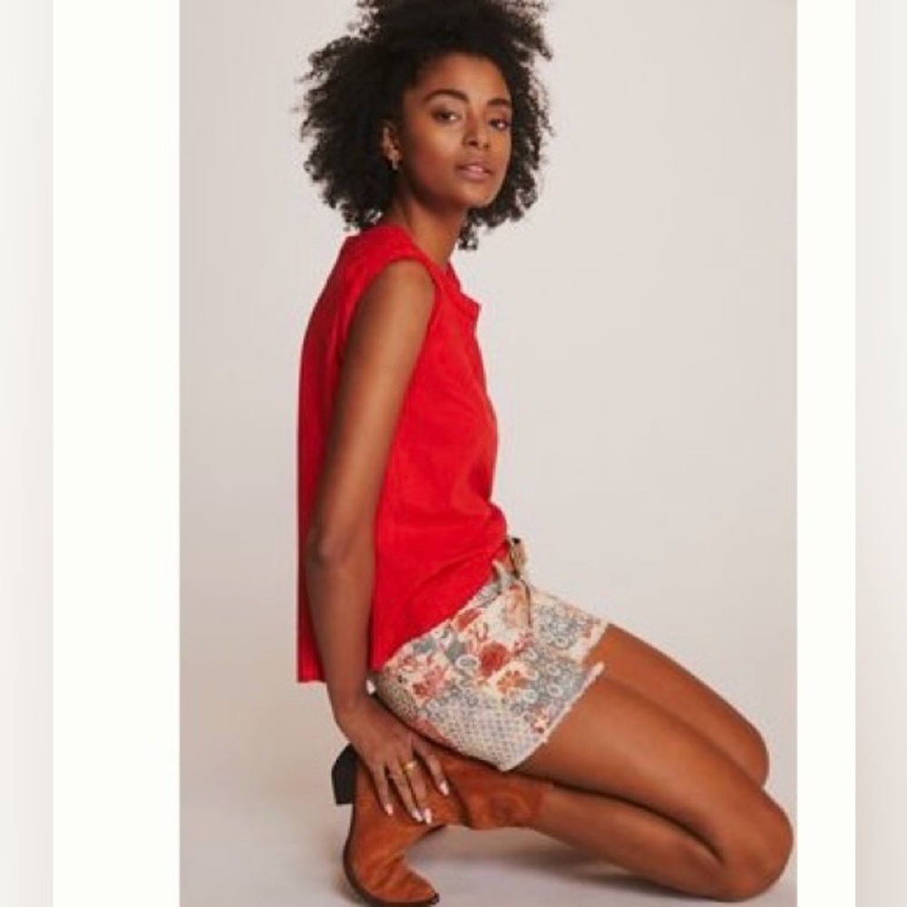 Anthropologie Pilcro Swing Tee‎ Red Size Small Linen Cotton